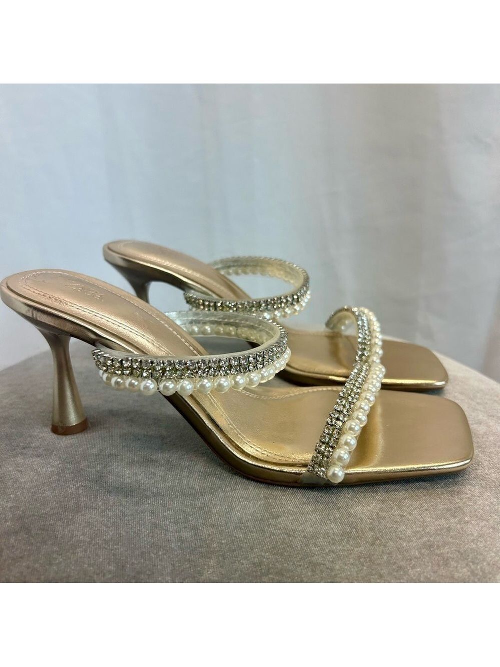 Zara metallic gold Open toe high heel mule sandal rhinestones and pearls 37 NWOB - Picture 4 of 10